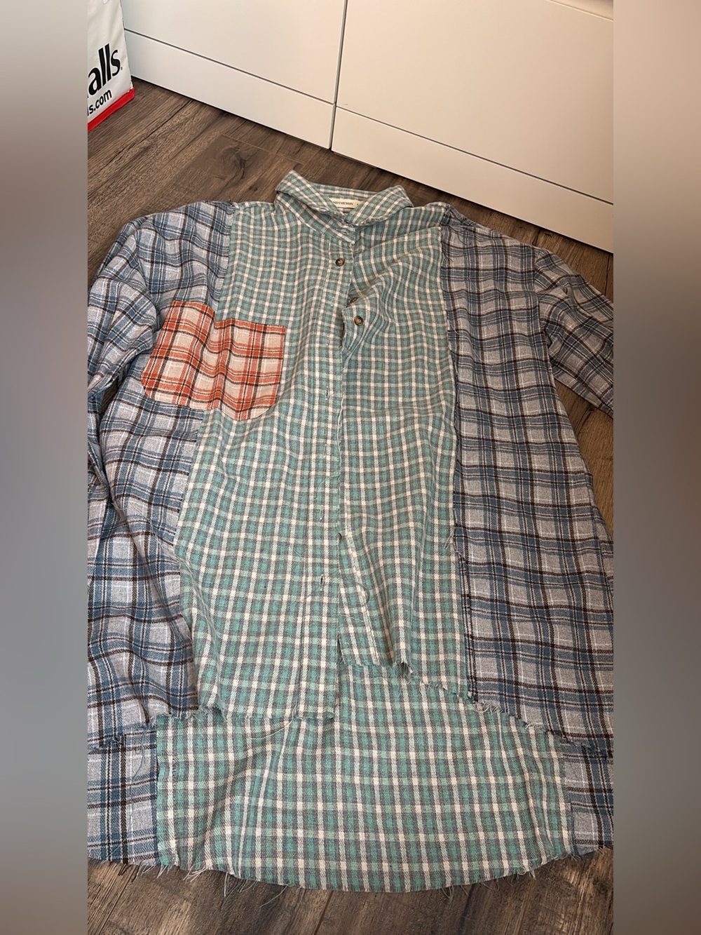 Women's Patchwork Plaid Button-Down Shirt - Teal/Blue with Orange Pocket